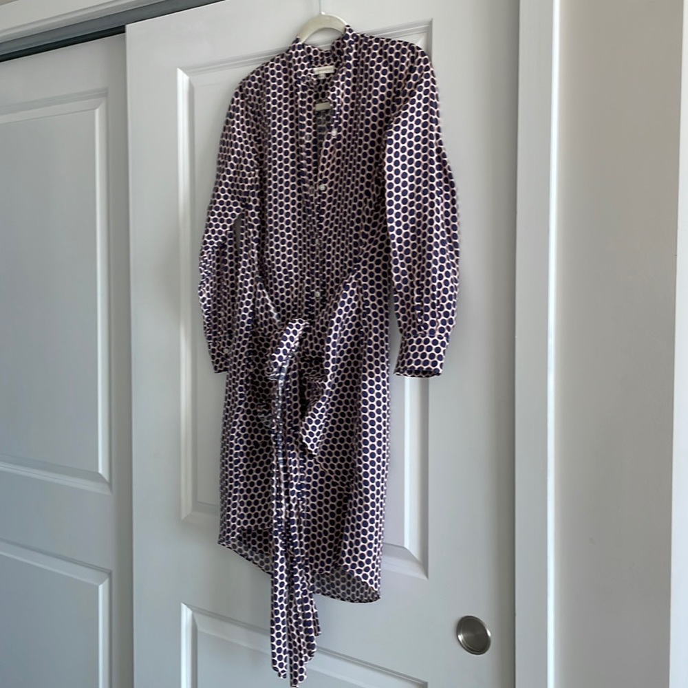 Navy blue dotted 100% linen shirt dress with tie front detail size small